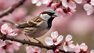 満開の桜とその枝にとまる可愛い雀 / 春のパソコン用の壁紙