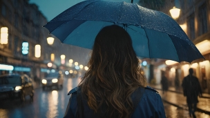 青い傘をさしたブロンドの女性の後ろ姿 / 雨 / 夜の街のパソコン用の壁紙