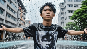 噴水の前でびしょ濡れで両手を広げる黒いTシャツを着た日本人男性のパソコン用の壁紙