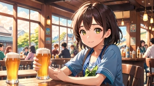 バーでビールを飲む可愛い女の子 / アニメ調のパソコン用の壁紙