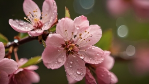 水滴のついたピンクの桜の花 / ブラーのパソコン用の壁紙