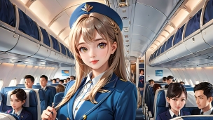 飛行機内のスチュワーデスの女性 / ブロンド / ロングヘア― / CAのパソコン用の壁紙