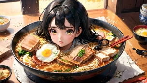 ラーメンの中に入った黒髪の少女のパソコン用の壁紙