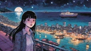 夜の海 / 海沿いの街 / こちらを見つめる少女 / 航行する船 / 星空のパソコン用の壁紙