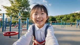 公園の遊具と白い服を着た笑う女の子のパソコン用の壁紙