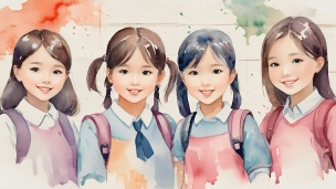 微笑む4人の小学生の女の子 / 可愛い / 水彩のパソコン用の壁紙