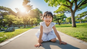 公園内の歩道にしゃがんで手をつく笑顔の女の子のパソコン用の壁紙