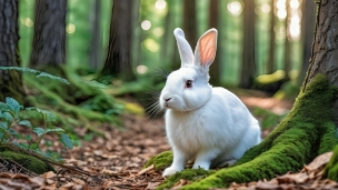 苔むした森の中に佇む白い兎 / 落ち葉のパソコン用の壁紙