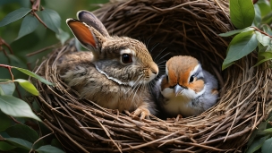 鳥の巣に入った兎と鳥のパソコン用の壁紙