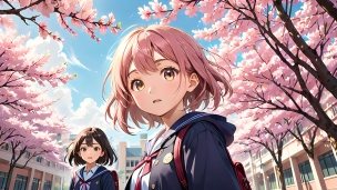 満開の桜と赤いリュックを背負った二人の可愛い女の子のパソコン用の壁紙