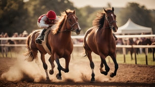 並走する2頭のサラブレッド / ジョッキー / 追い込み / 馬 / 競馬のパソコン用の壁紙