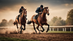 競馬場を走る2頭のサラブレッド / 栗毛の馬 / 競馬のパソコン用の壁紙