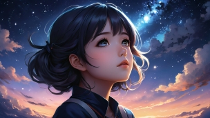 星空を見上げる黒髪の可愛い少女 / イラストのパソコン用の壁紙