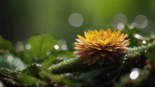 乱反射する光と苔むした枝と濃い黄色の花のパソコン用の壁紙