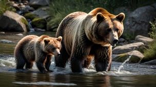 川で魚を狙うグリズリーの親子 / クマのパソコン用の壁紙