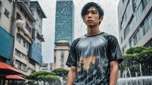 噴水の前で濡れた黒髪の日本人男性 / 黒いTシャツのパソコン用の壁紙