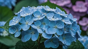 水滴のついた水色の紫陽花 / 緑の葉のパソコン用の壁紙