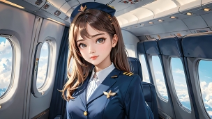 飛行中の機内でこちらを見つめる可愛いCAの女性 / スチュワーデス / 青い制服のパソコン用の壁紙