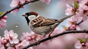 桜の花にとまる可愛い雀のパソコン用の壁紙