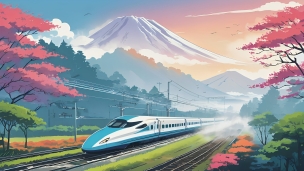 富士山と紅葉と白と水色の電車 / イラストのパソコン用の壁紙