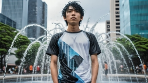 噴水の前、黒・白のTシャツを着た日本人の男性 / イケメンのパソコン用の壁紙