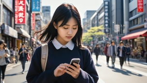 街中で歩きスマホをする紺の上着を着た黒髪の女性のパソコン用の壁紙