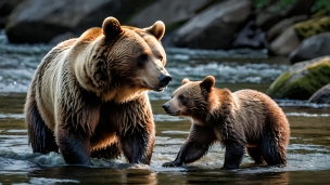 川で魚を獲る茶色いクマの親子のパソコン用の壁紙