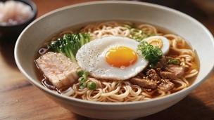 玉子と肉と野菜が入った美味しそうなラーメン / 黒いどんぶりに入った白米のパソコン用の壁紙