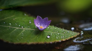 水滴のついた緑の葉と紫の花のパソコン用の壁紙