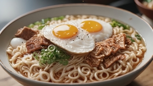 美味しそうな玉子・肉・ネギが乗った醤油ラーメン / 接写のパソコン用の壁紙