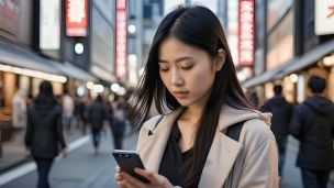 街中で黒いスマホを見るロングヘアの女性 / 冬のパソコン用の壁紙