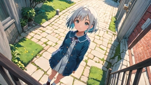 こちらを見つめる銀髪の女の子 / 青い服 / 石畳の道のパソコン用の壁紙