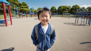 青い上着のポケットに両腕を突っ込んで笑う男の子 / 公園 / 遊具のパソコン用の壁紙