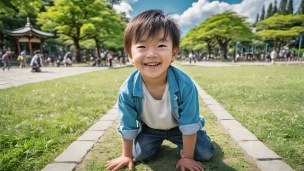 賑わう緑の公園で這いつくばる笑顔の男の子のパソコン用の壁紙