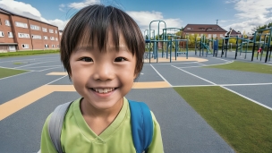 黄緑色の服を着た笑顔の少年 / 公園 / リュックのパソコン用の壁紙