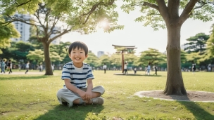 公園の地面に座りボーダーの服を着た笑顔の男の子のパソコン用の壁紙