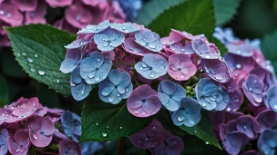 水滴がついた青と紫の紫陽花 / 6月のパソコン用の壁紙