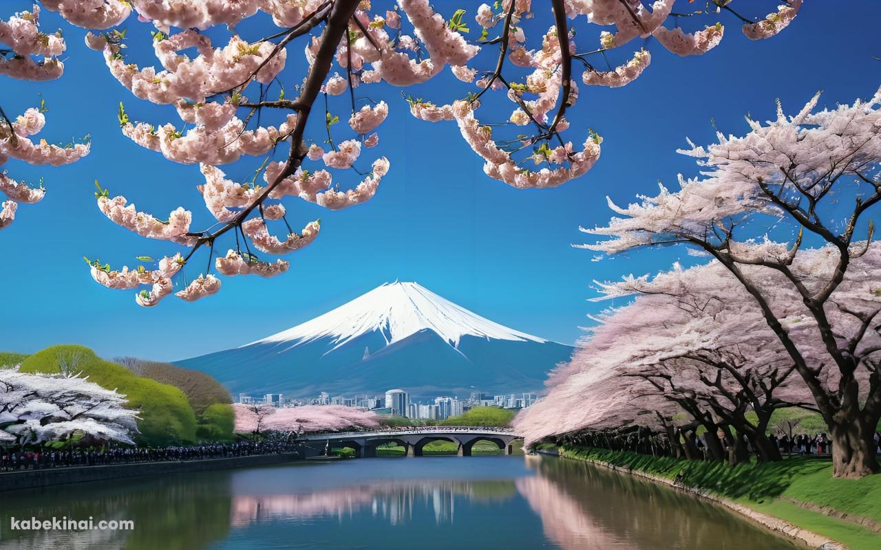 富士山と桜と橋と川 / 絶景の壁紙(1280px x 800px) 高画質 パソコン用