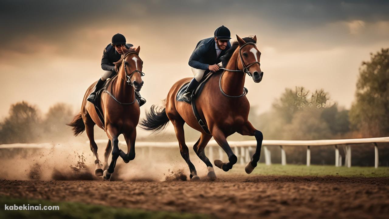 競馬場を走る2頭のサラブレッド / 栗毛の馬 / 競馬の壁紙(1280px x 720px) 高画質 パソコン用