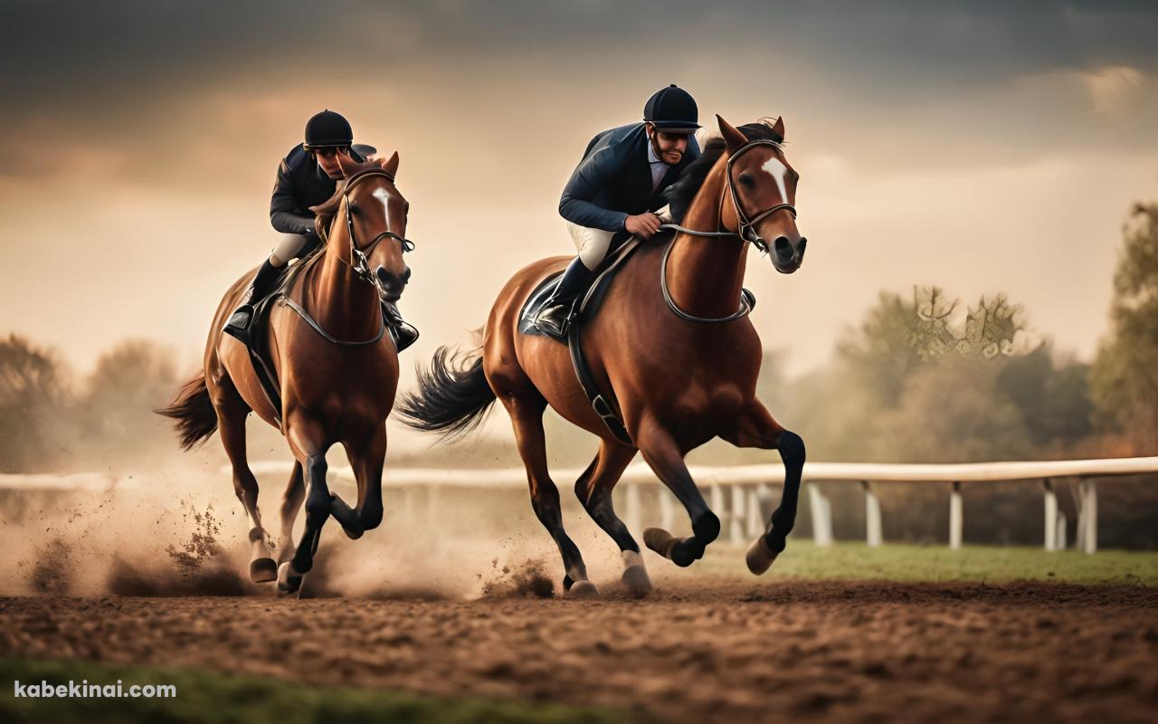 競馬場を走る2頭のサラブレッド / 栗毛の馬 / 競馬の壁紙(1280px x 800px) 高画質 パソコン用