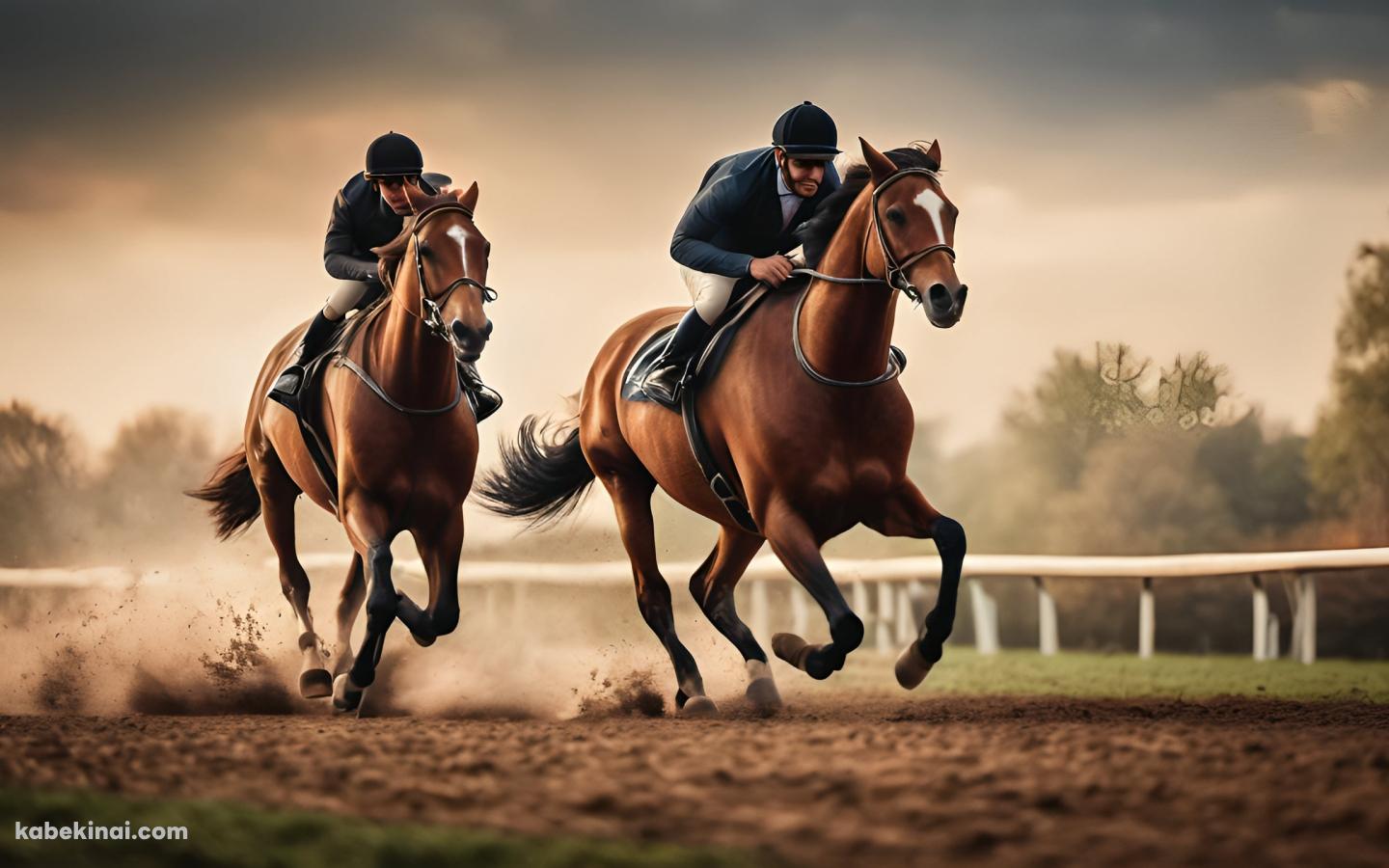 競馬場を走る2頭のサラブレッド / 栗毛の馬 / 競馬の壁紙(1440px x 900px) 高画質 パソコン用