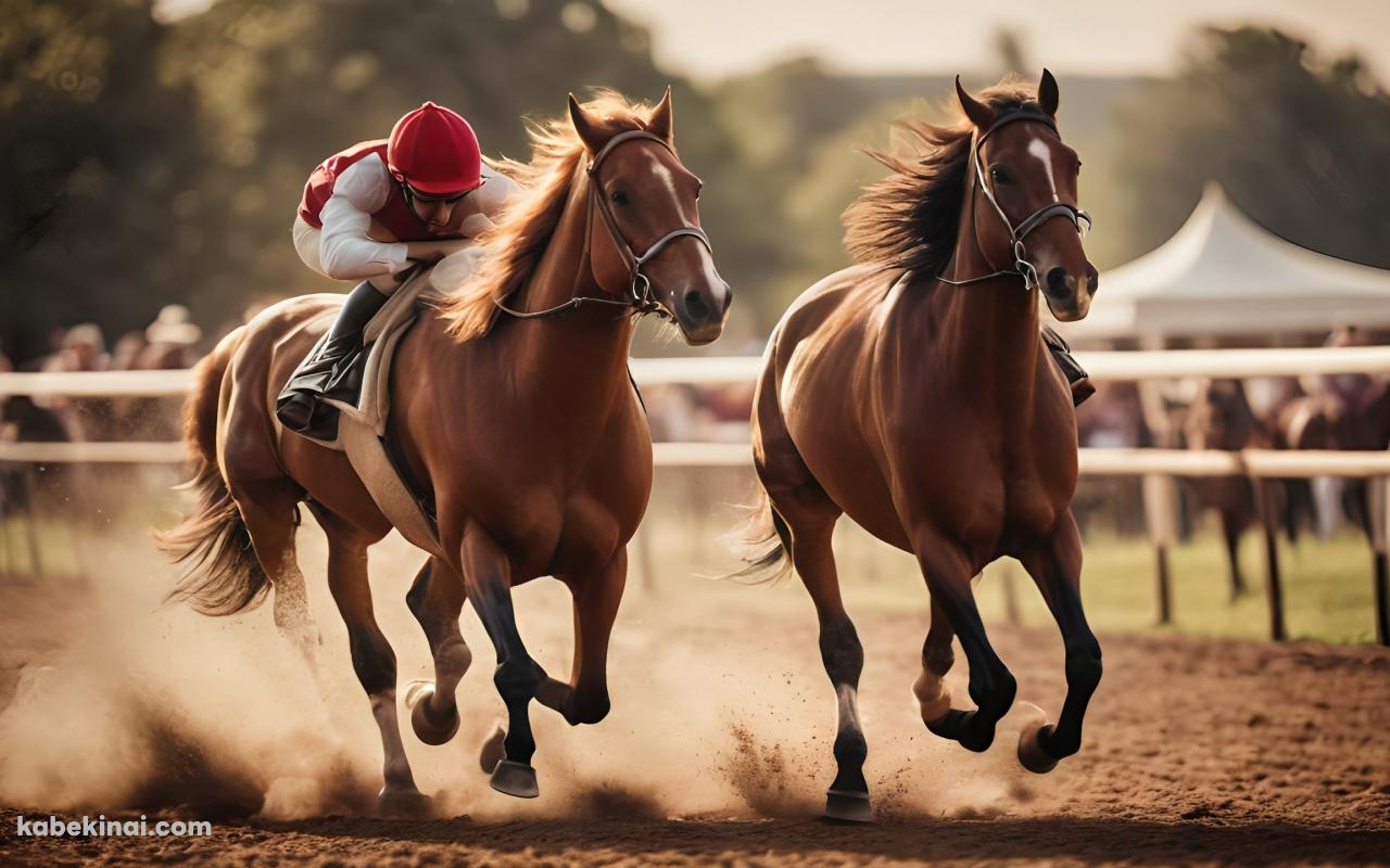 並走する2頭のサラブレッド / ジョッキー / 追い込み / 馬 / 競馬の壁紙(1280px x 800px) 高画質 パソコン用