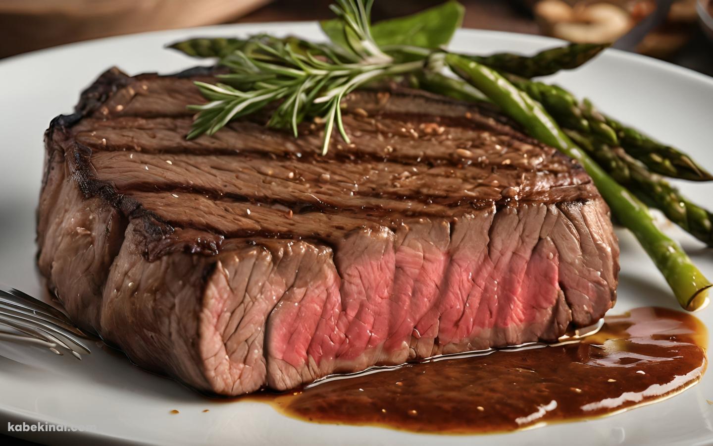 美味しそうな赤みがかった肉厚のステーキとアスパラの壁紙(1440px x 900px) 高画質 パソコン用