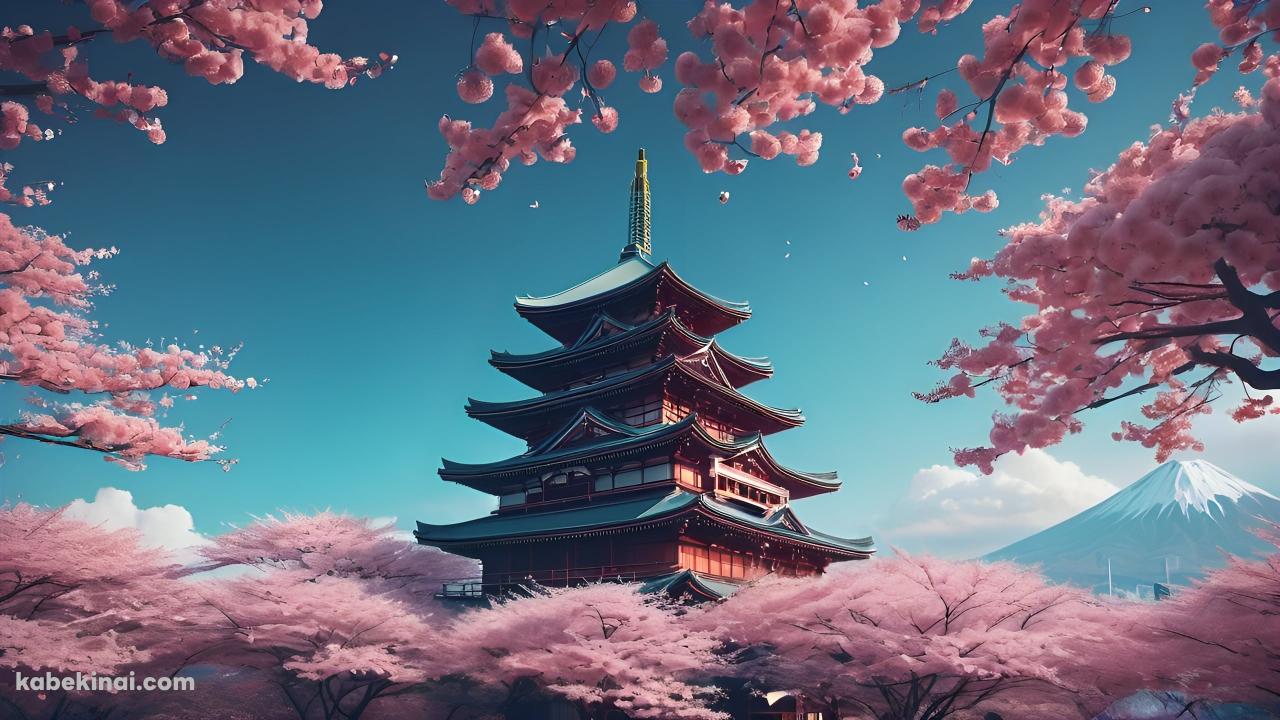 桜と赤い塔の壁紙(1280px x 720px) 高画質 パソコン用