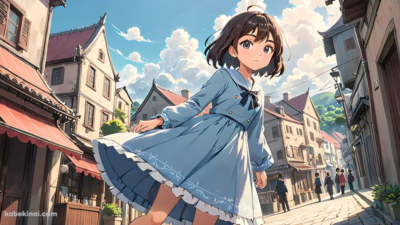 石畳の路上に立つ水色の服を着た可愛い少女の壁紙(1366px x 768px) 高画質 パソコン用