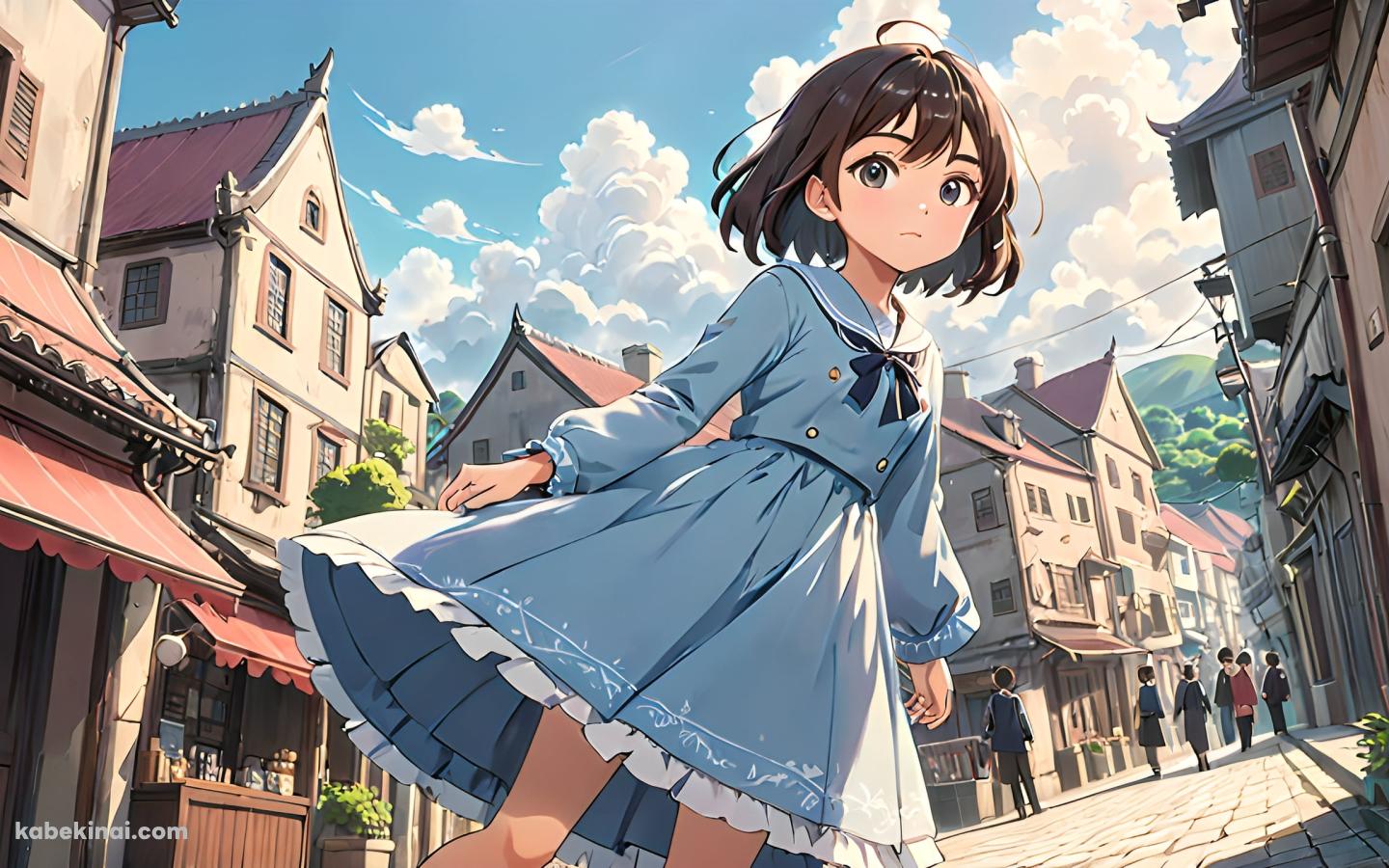 石畳の路上に立つ水色の服を着た可愛い少女の壁紙(1440px x 900px) 高画質 パソコン用