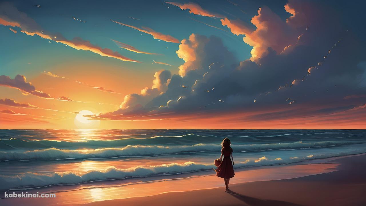 夕暮れの海を眺める女性の後ろ姿 / 夕陽の壁紙(1280px x 720px) 高画質 パソコン用