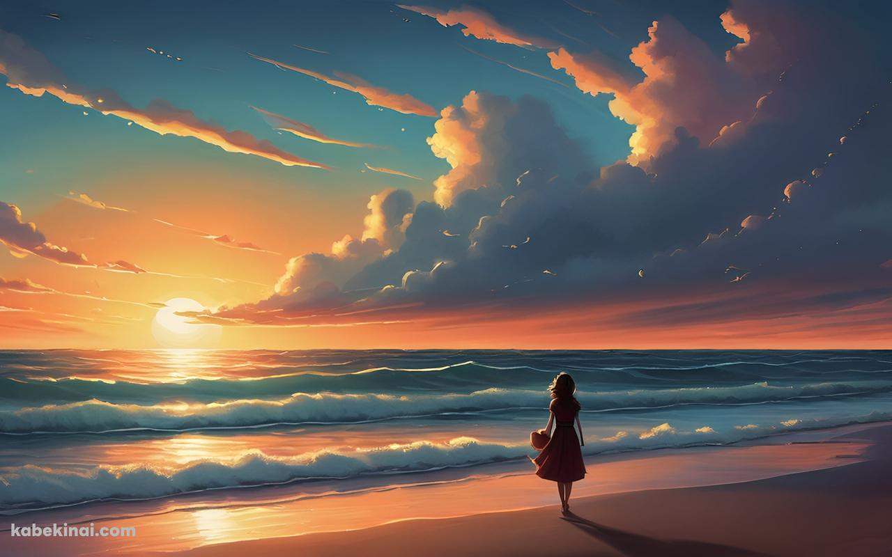 夕暮れの海を眺める女性の後ろ姿 / 夕陽の壁紙(1280px x 800px) 高画質 パソコン用