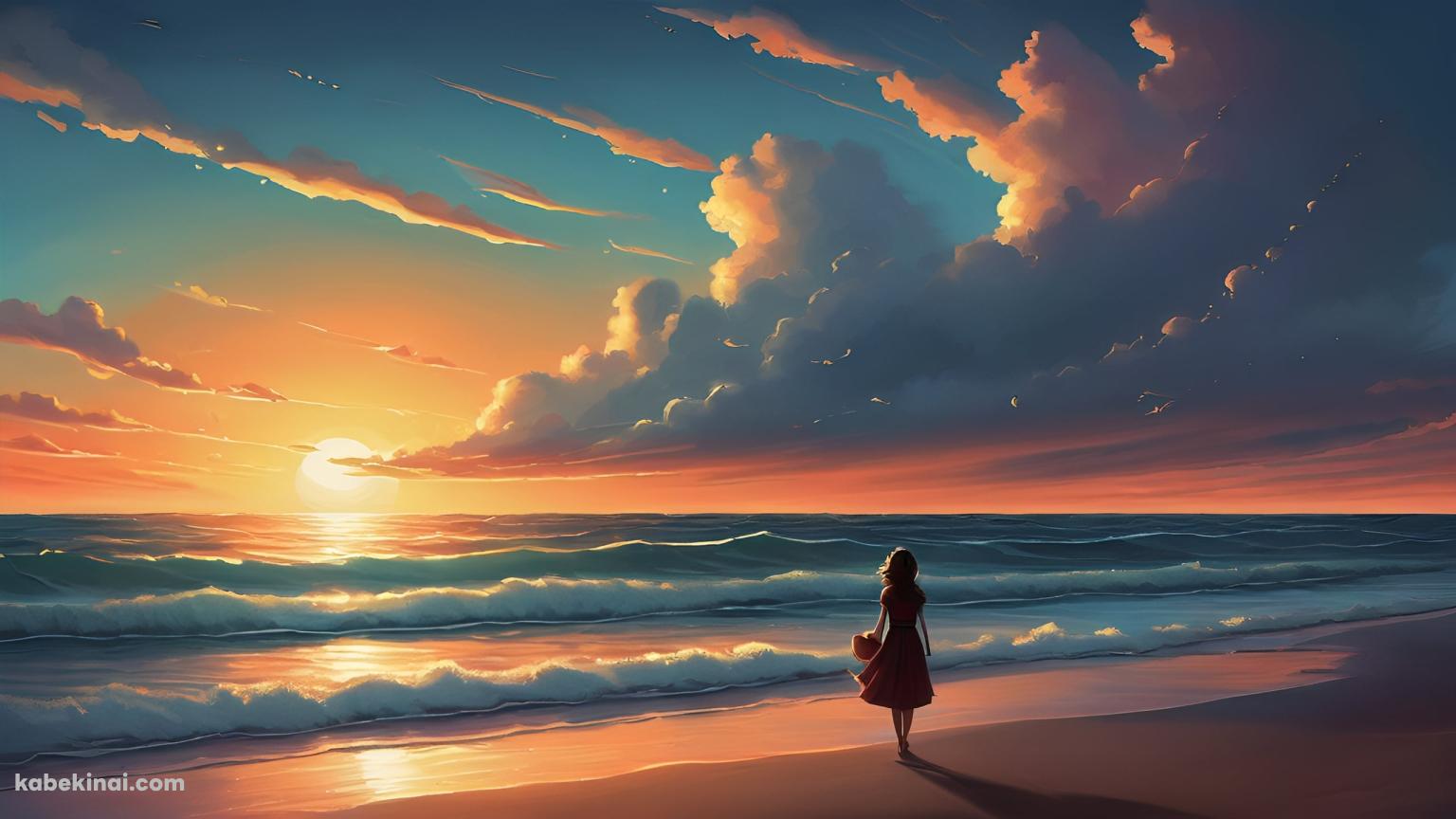 夕暮れの海を眺める女性の後ろ姿 / 夕陽の壁紙(1536px x 864px) 高画質 パソコン用