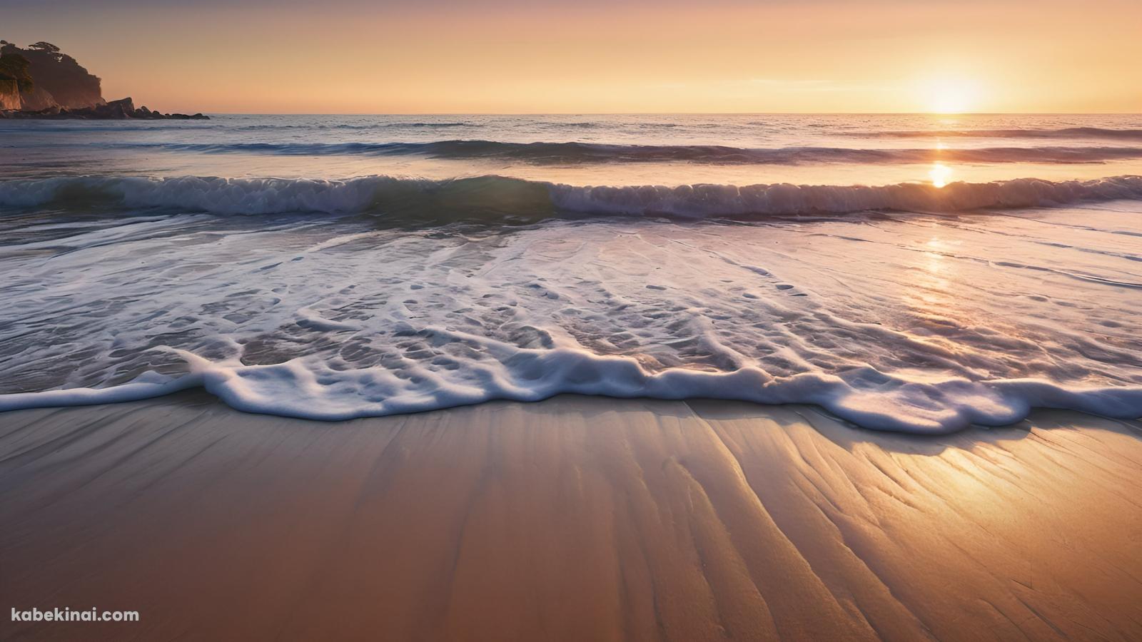 押し寄せる波と沈む夕日の壁紙(1600px x 900px) 高画質 パソコン用